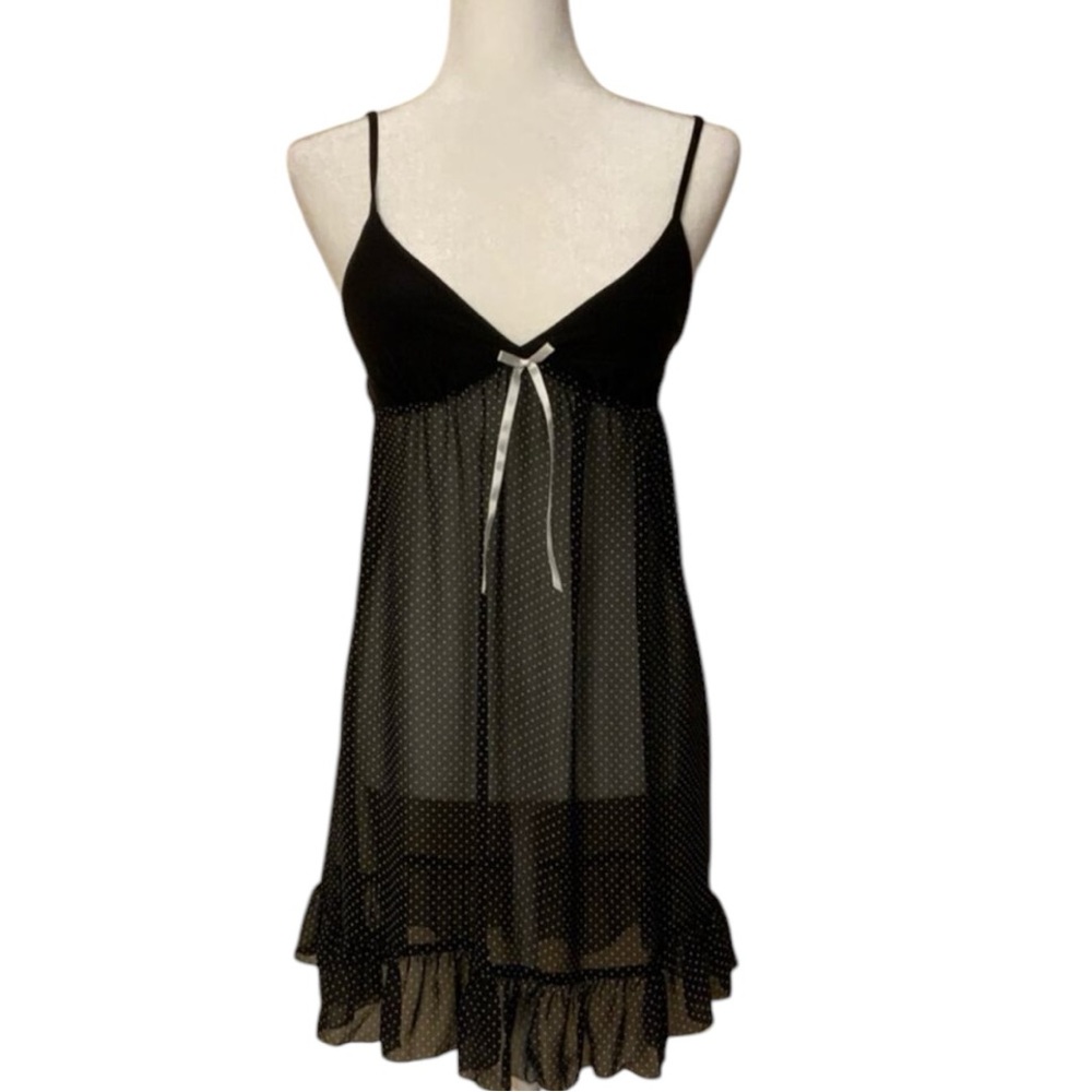 NWOT Black w/White Polka Dots Sheer Babydoll Chemise - Size S